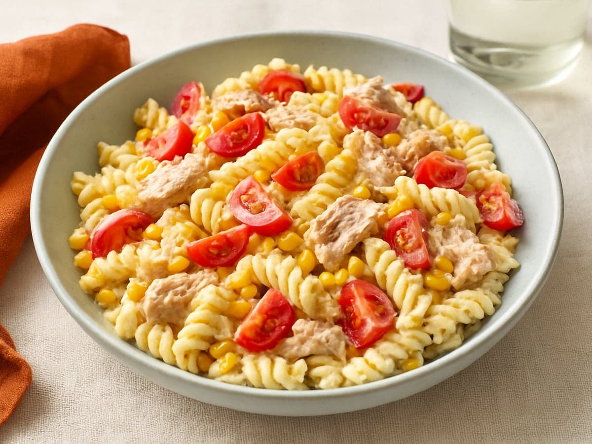 Pastasalade met tonijn, mais en cherrytomaatjes in een grote schaal