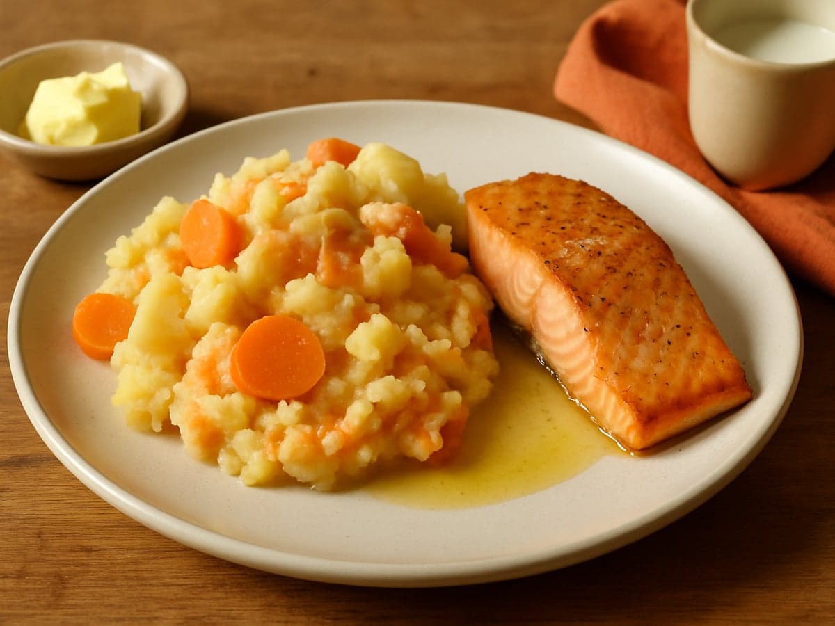 Pastinaak-wortelstamppot met zalmfilet op een bord