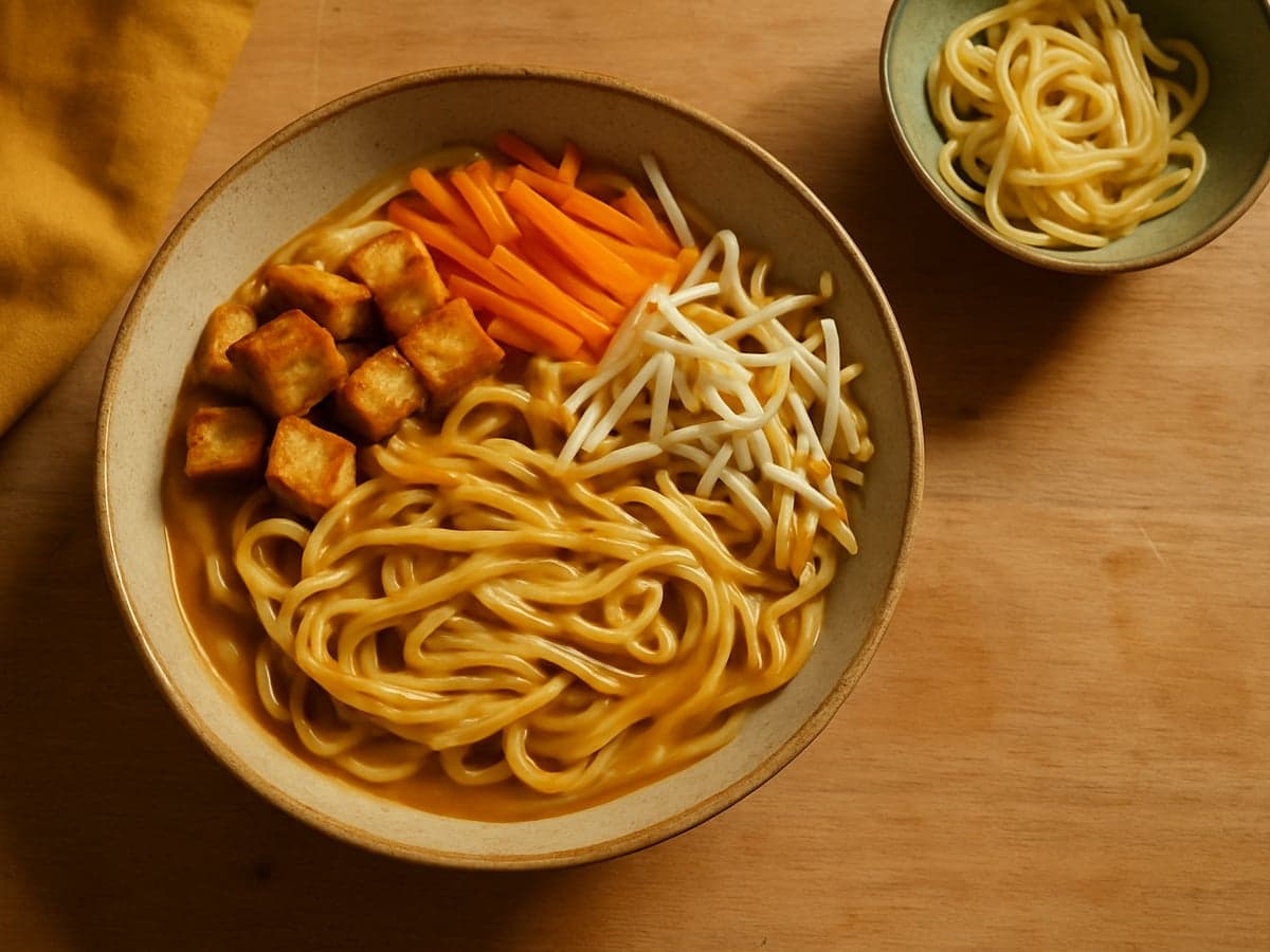 Pindanoedels met groente en tofu in een kom