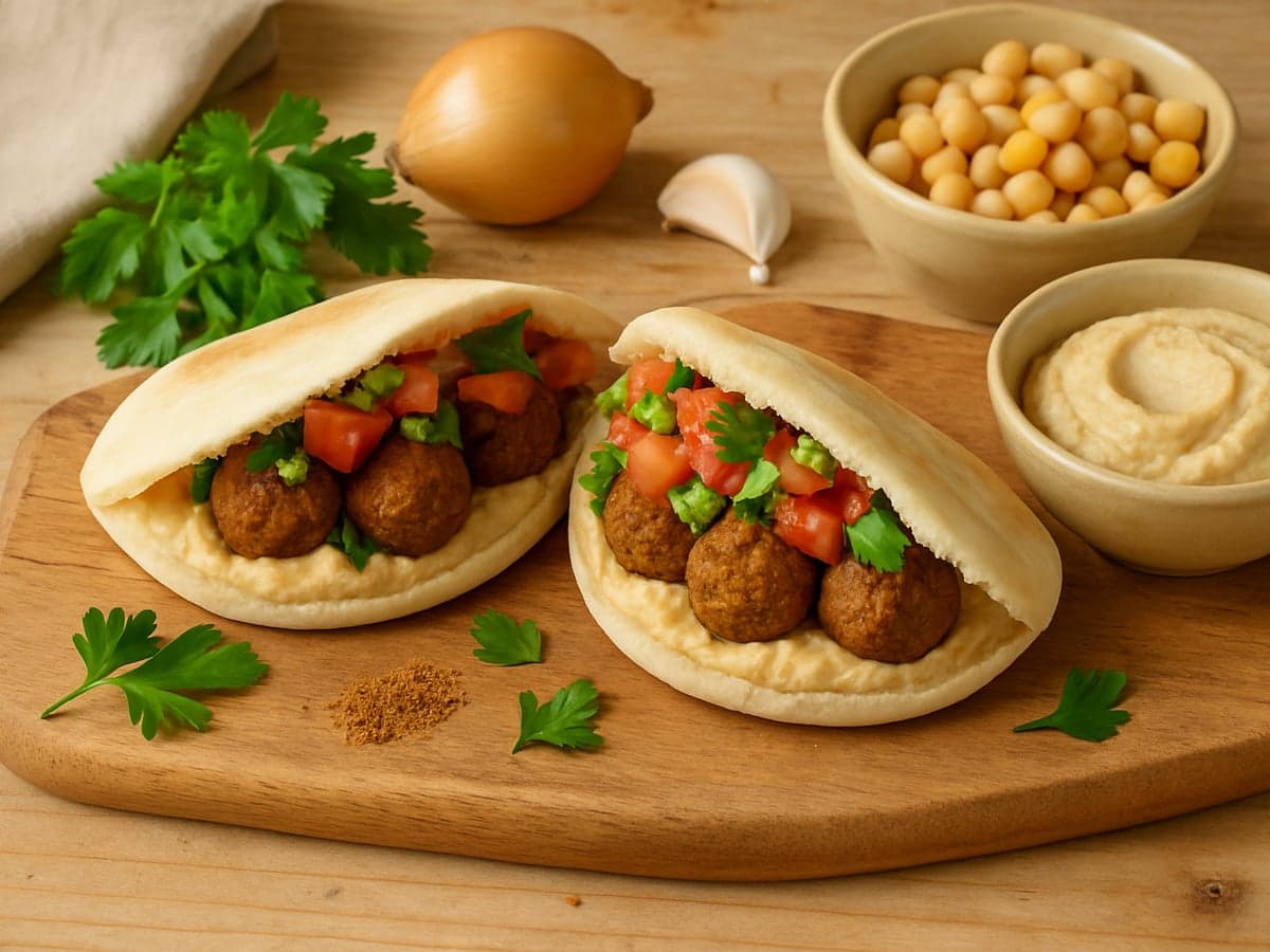 Pita's met falafel, hummus en tomatensalade op een bord