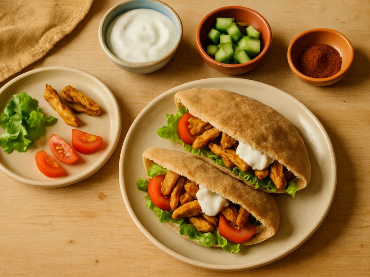 Gevulde pita's met kipshoarma en yoghurtsaus op tafel