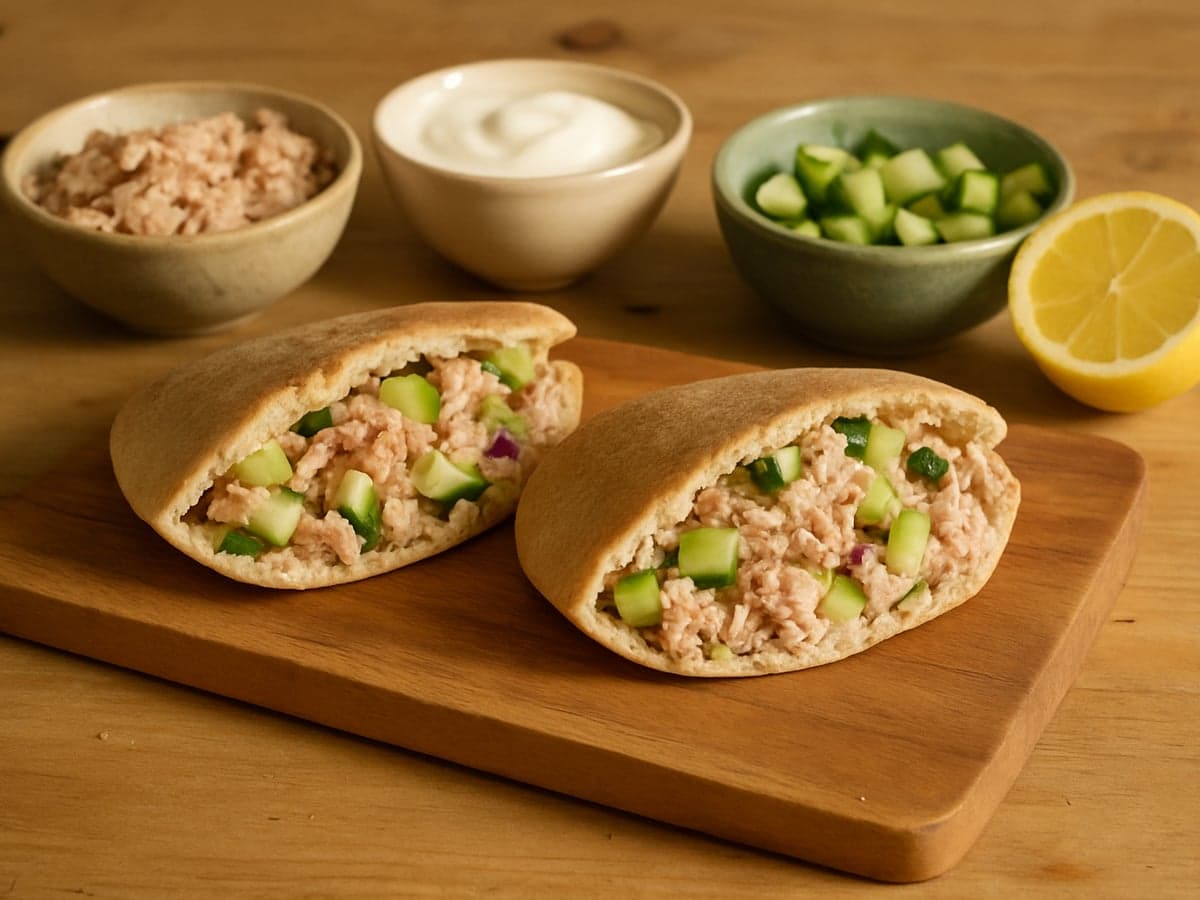 Pita's met tonijnsalade en komkommer op een bord