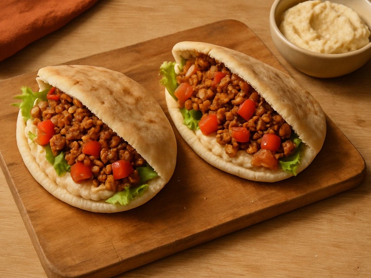 Pita's met vegetarisch gehakt, hummus en tomaat op een bord
