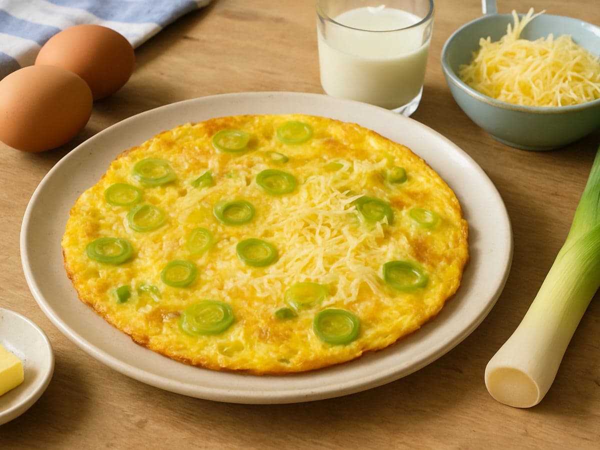 Prei-kaasomelet op een bord