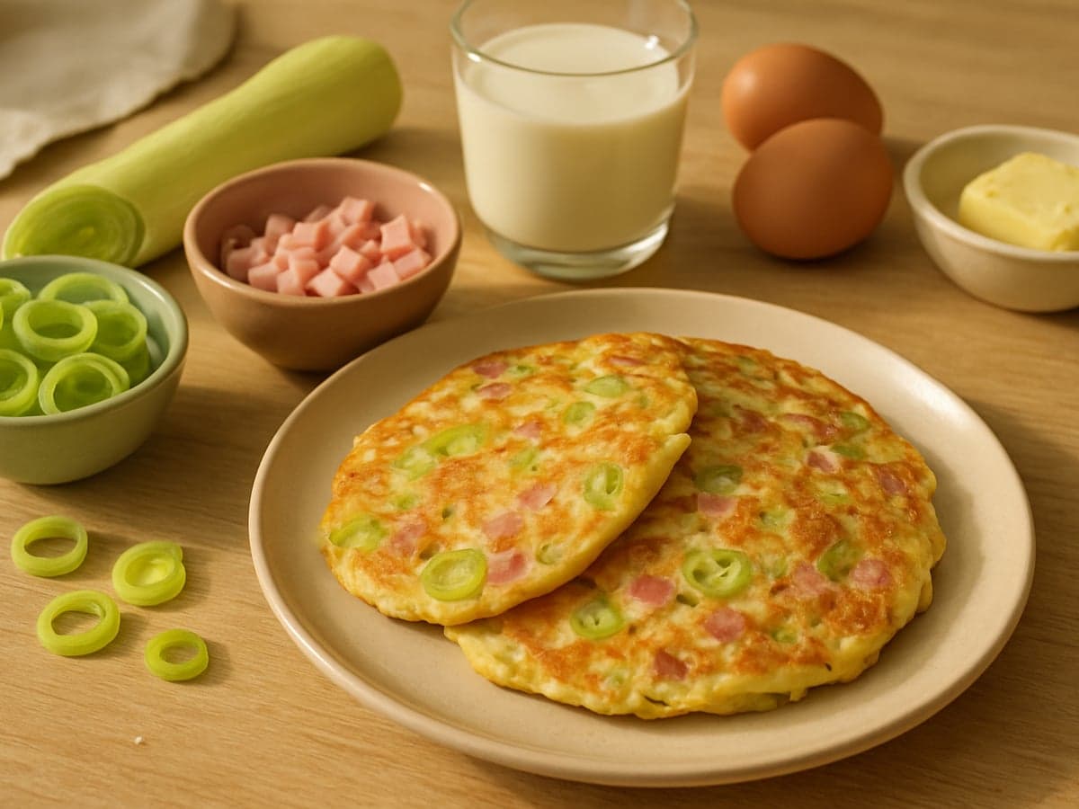 Preipannenkoekjes met ham op een bord