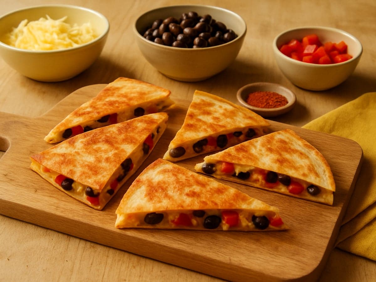 Quesadilla's met kaas, bonen en paprika op een snijplank