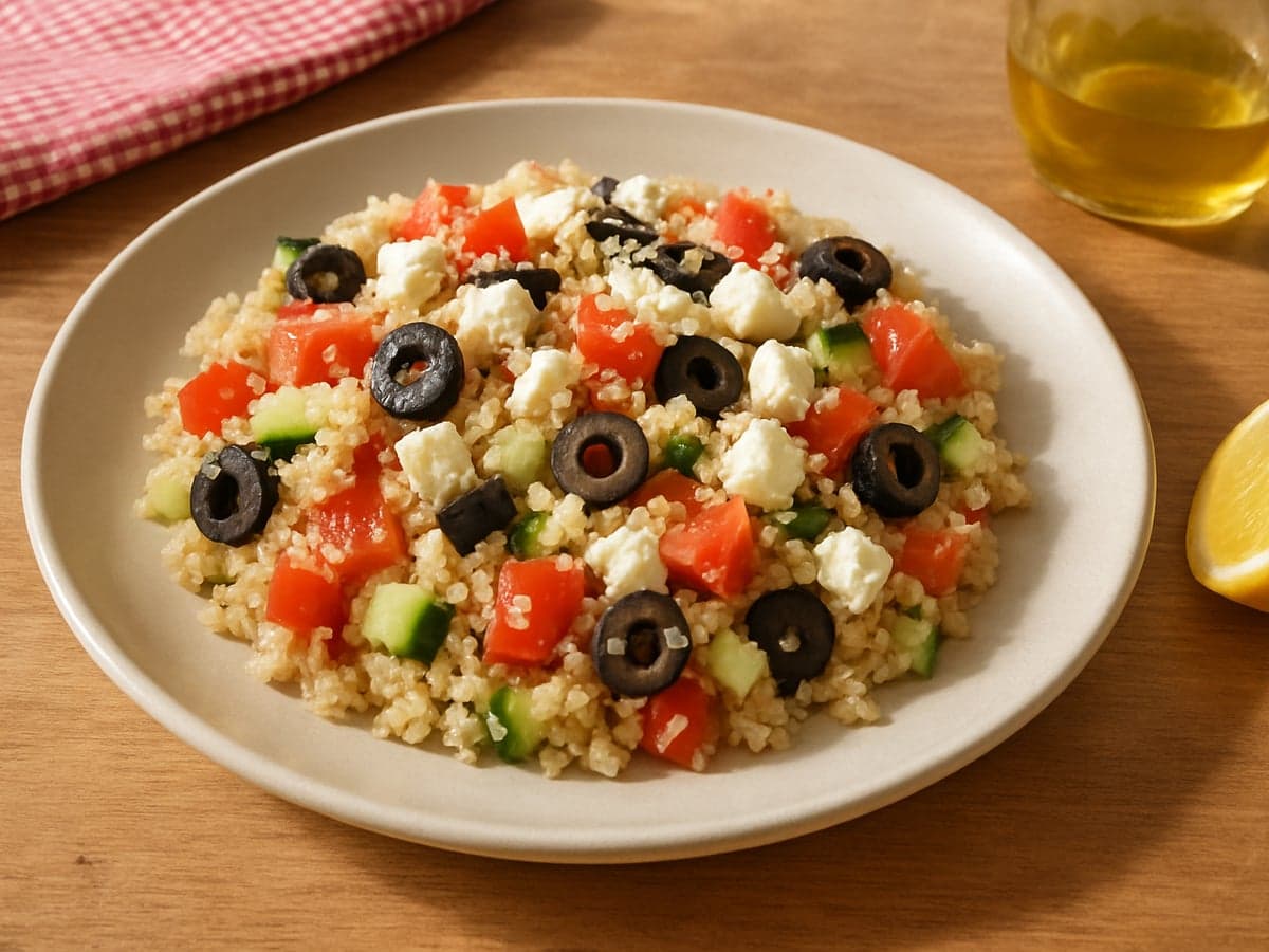Quinoasalade met feta, tomaat en olijven op een bord