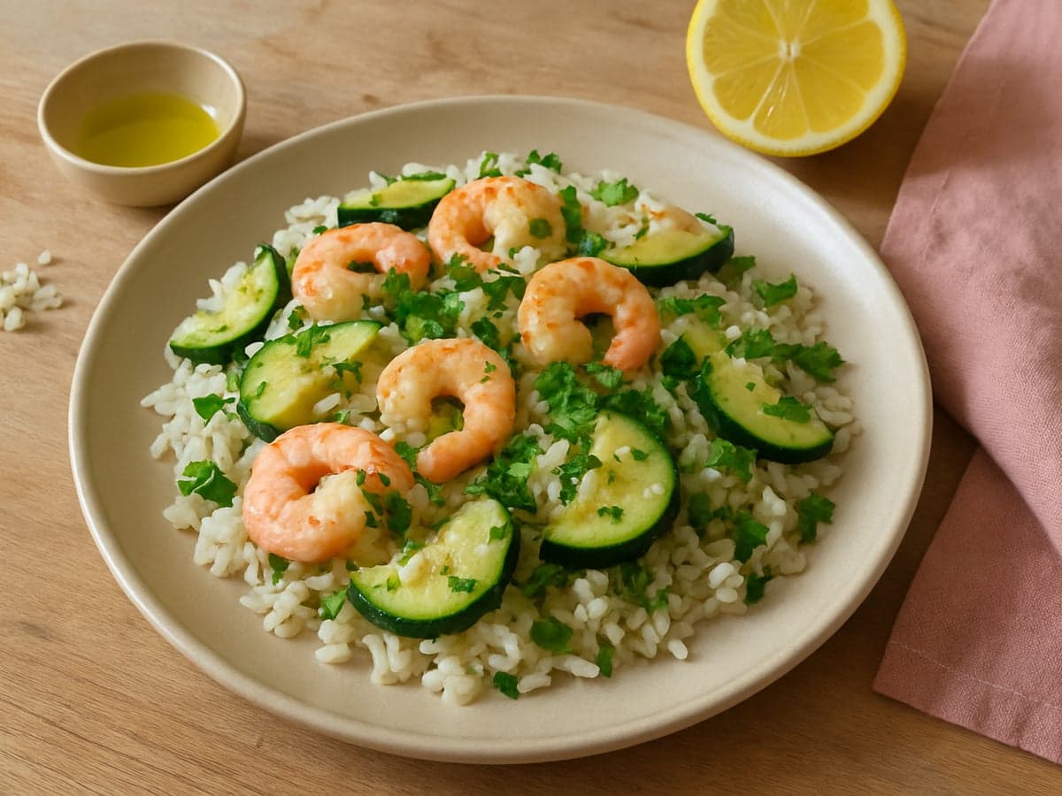 Rijst met garnalen, courgette en knoflook op een bord