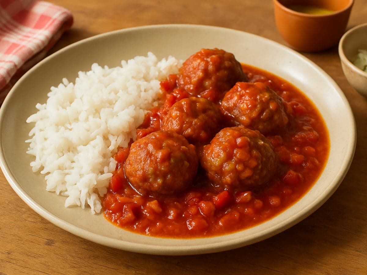 Rijst met gehaktballetjes in tomatensaus op een bord