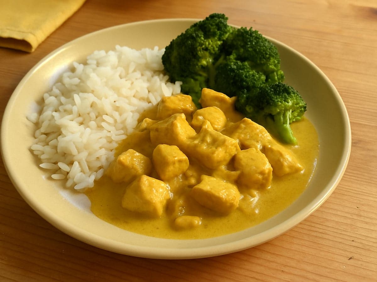 Rijst met kalkoenfilet, broccoli en kerriesaus op een bord