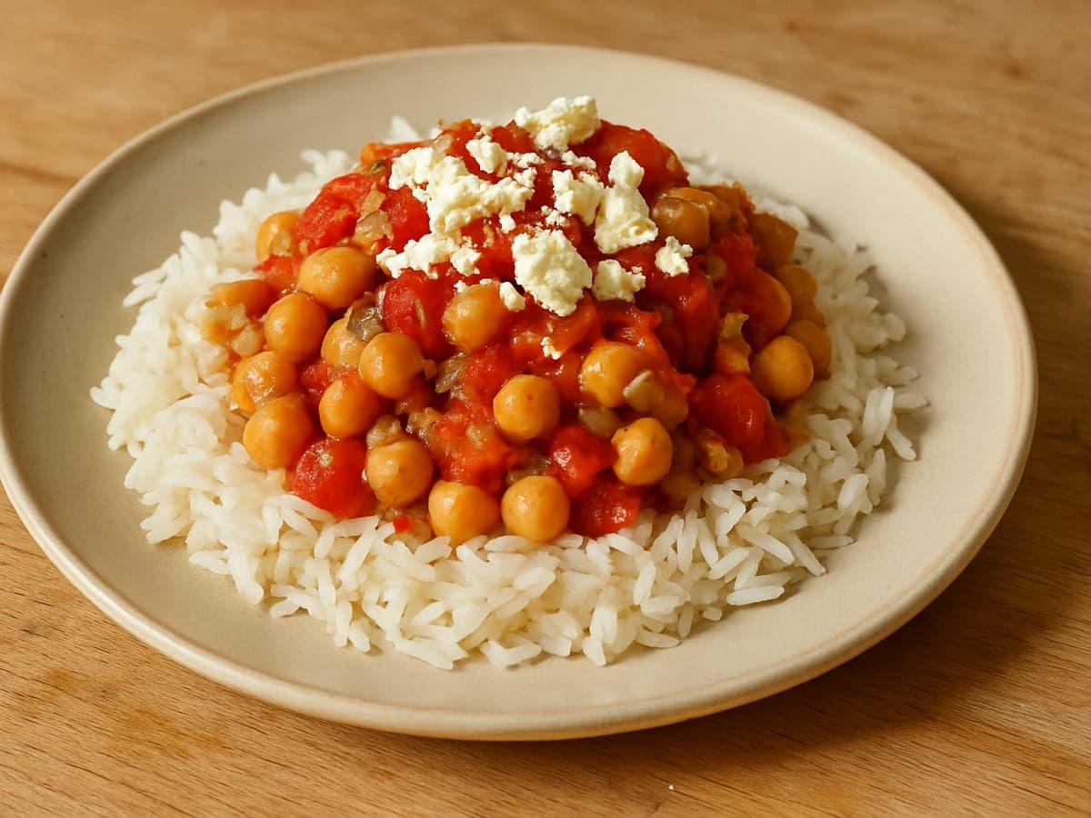 Rijst met kikkererwten, tomaat en feta op een bord