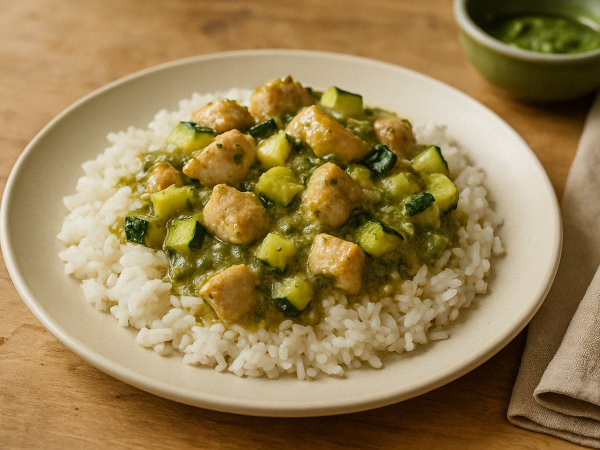 Rijst met kip, courgette en pesto op een bord