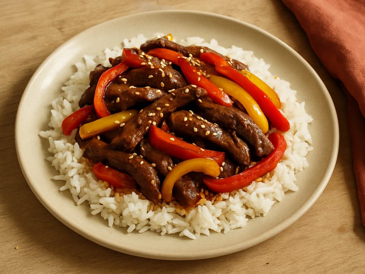 Rijst met runderreepjes, paprika en teriyakisaus op een bord