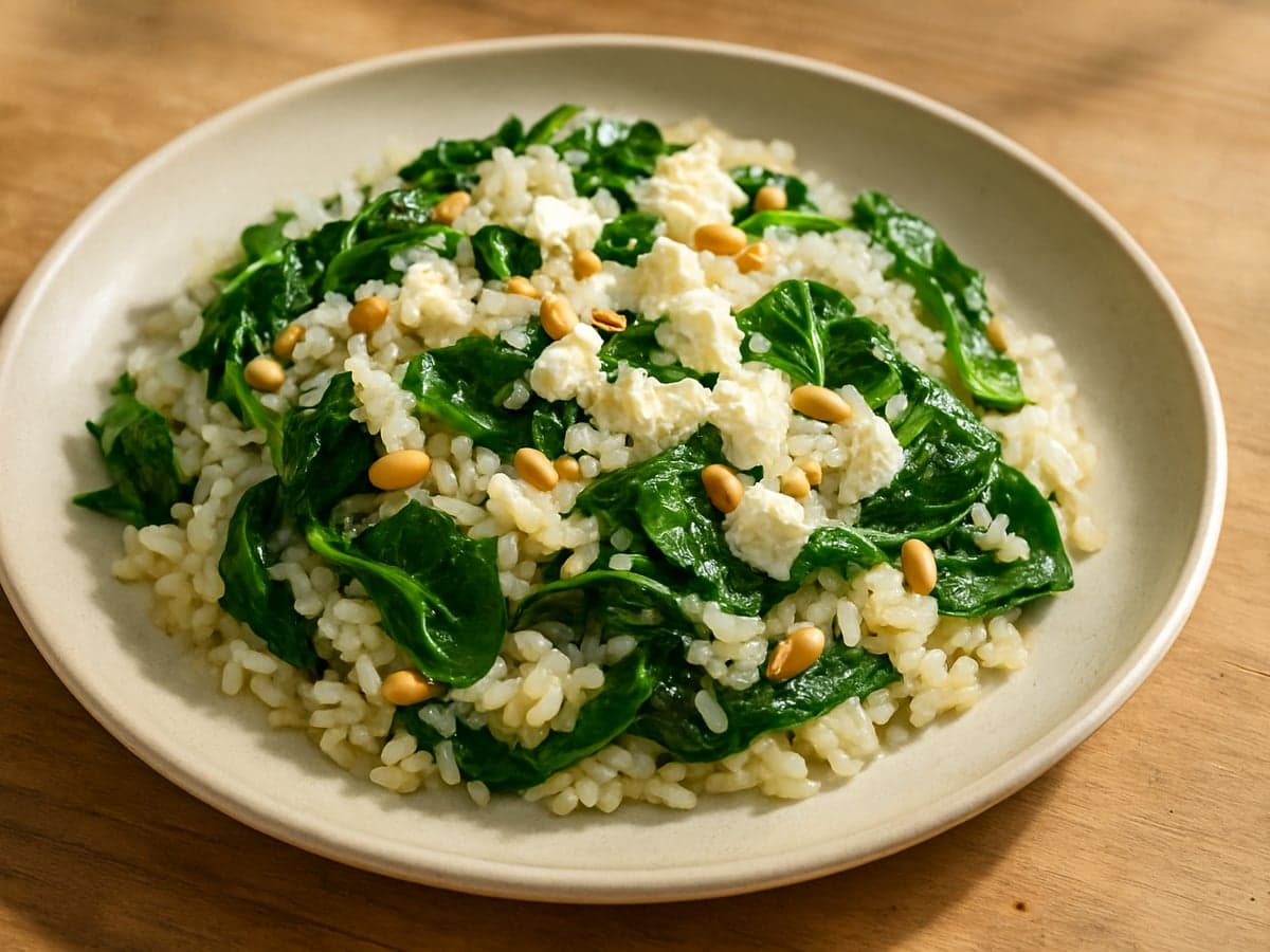Rijst met spinazie, feta en pijnboompitten op een bord