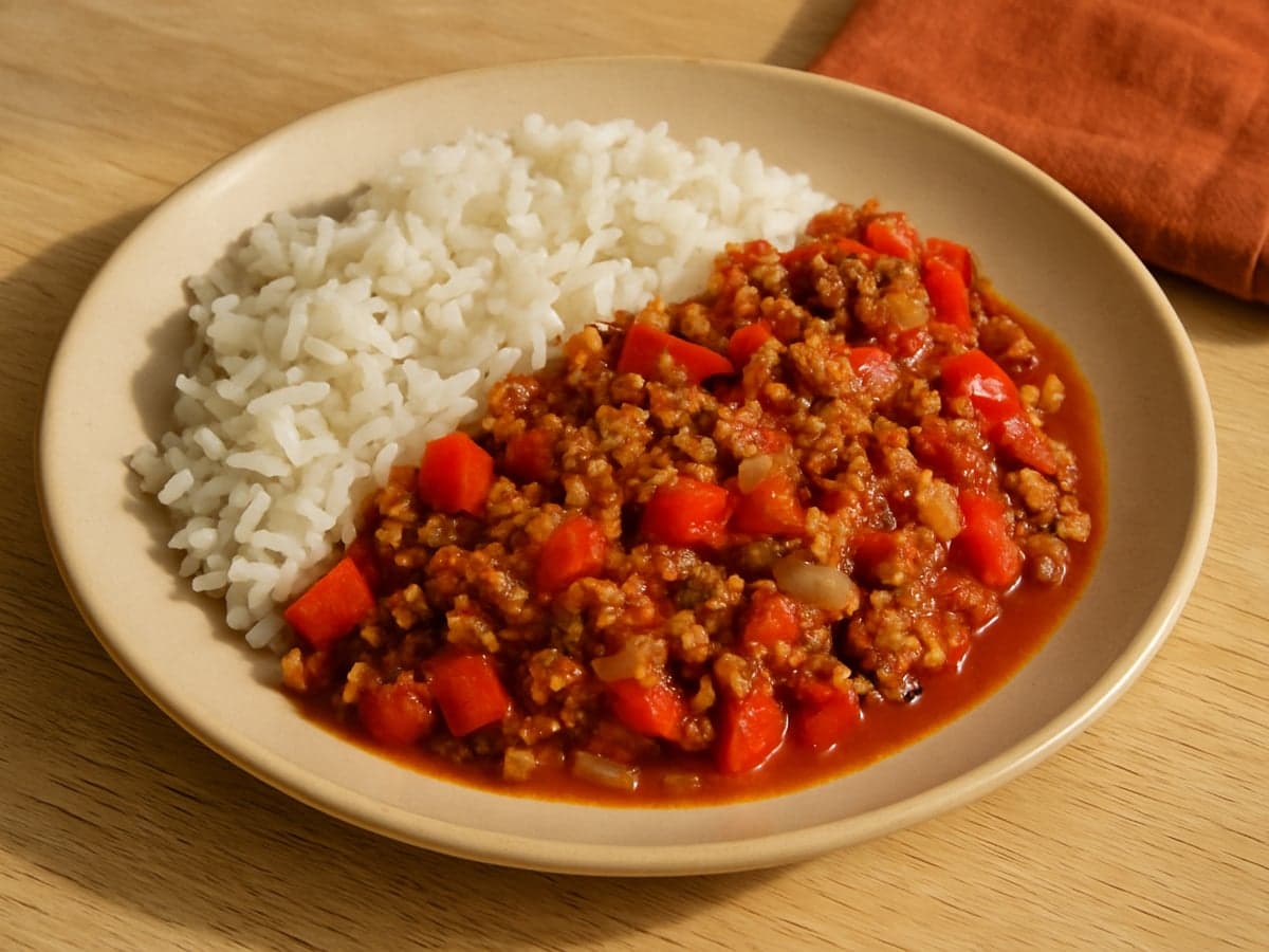 Rijst met vegetarisch gehakt, paprika en tomatensaus op een bord