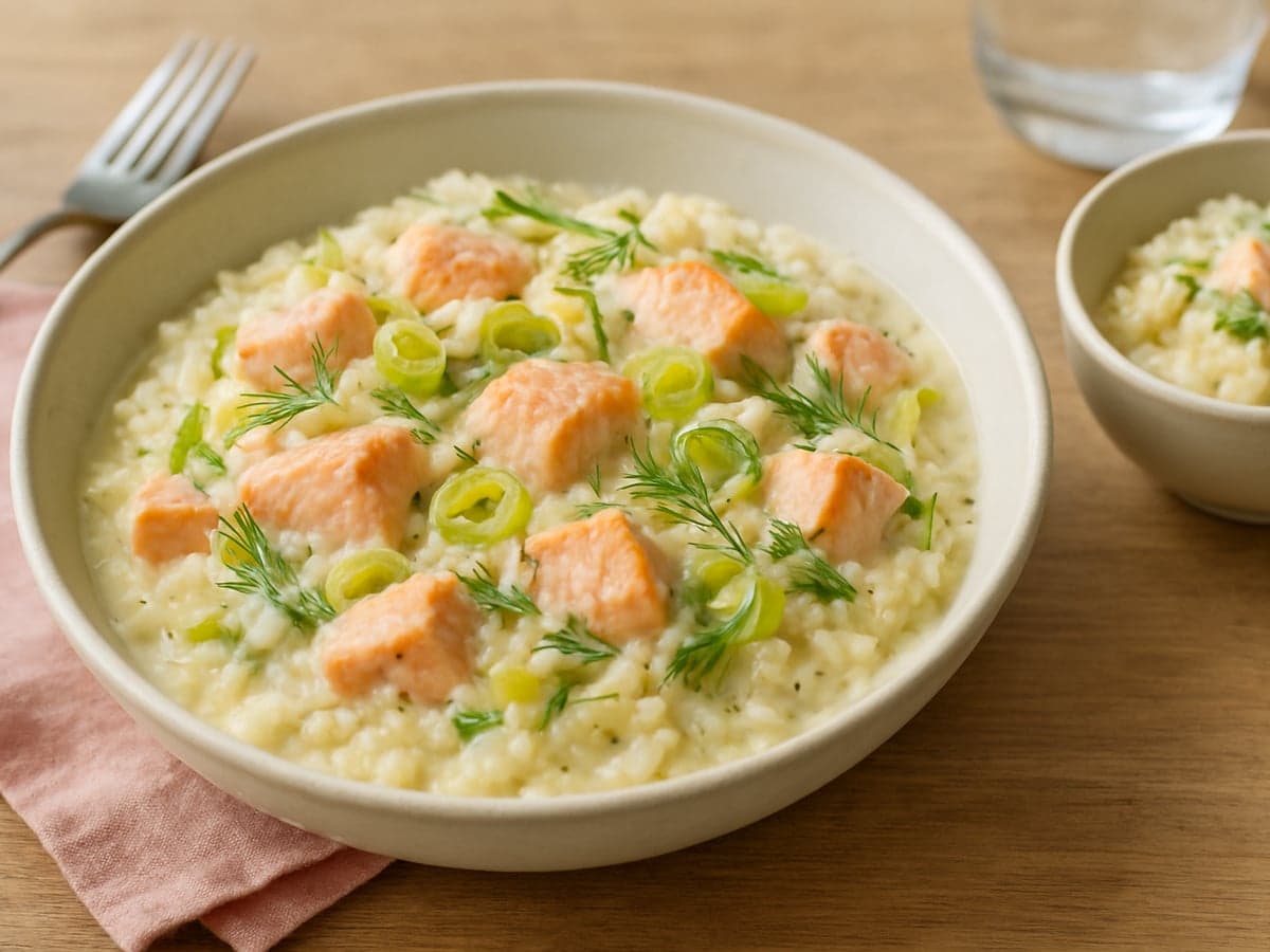 Rijst met zalm, prei en dille in een schaal