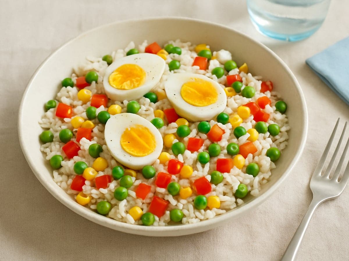 Rijstsalade met ei, paprika, mais en erwt in een schaal