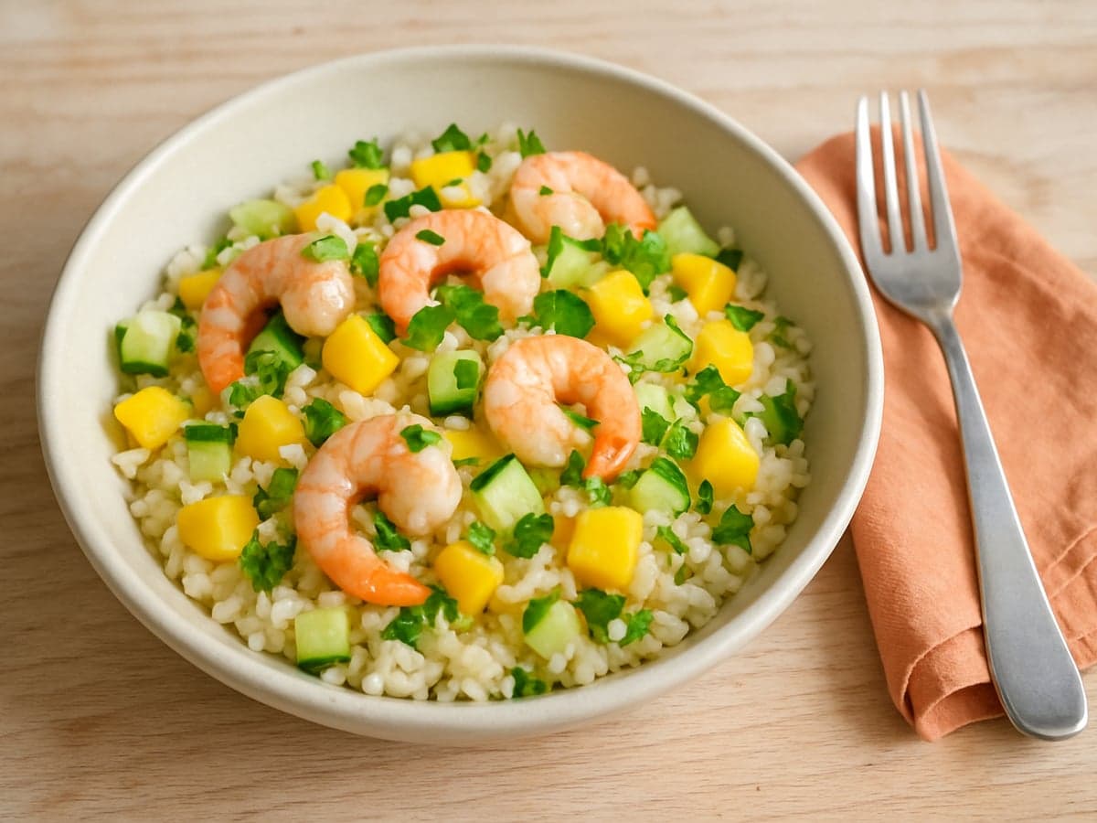 Rijstsalade met garnalen en mango in een schaal