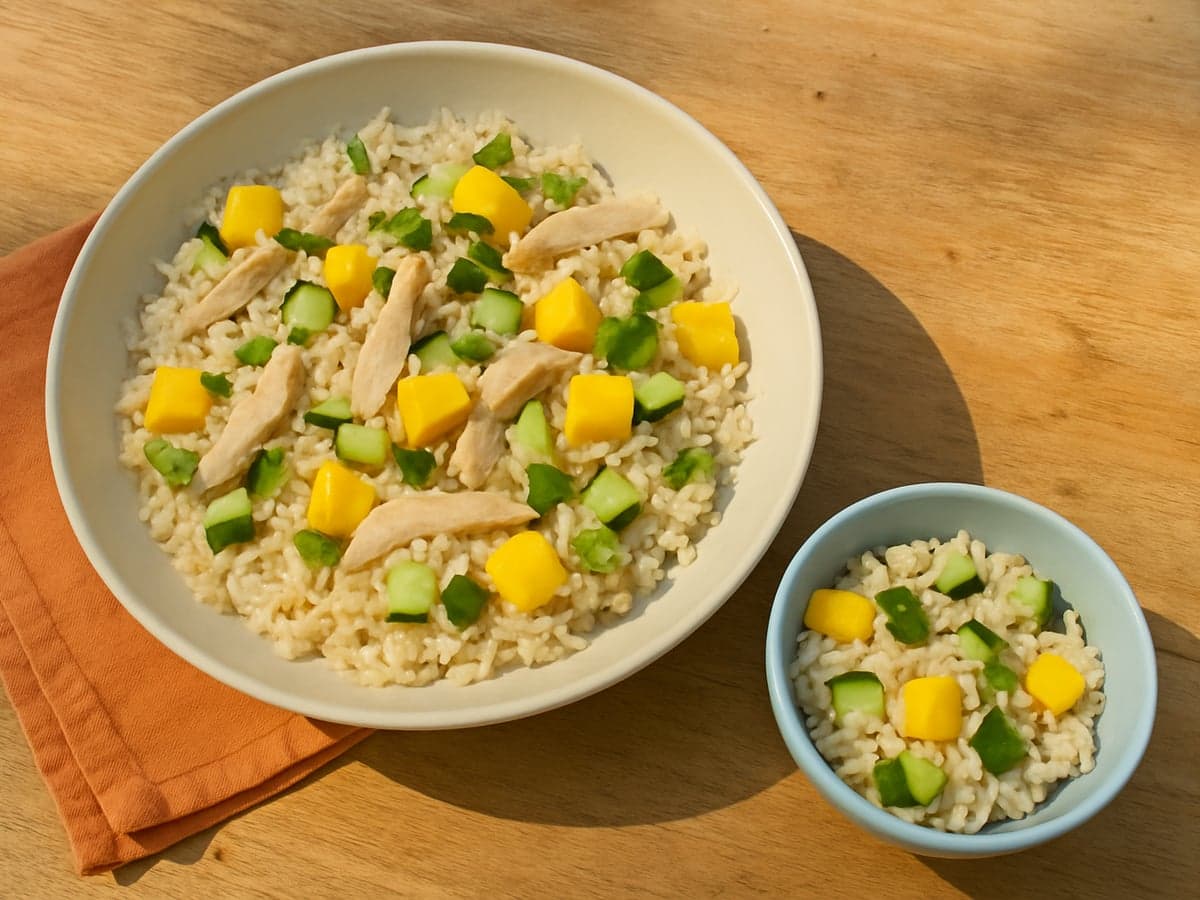 Rijstsalade met kip en mango in een schaal