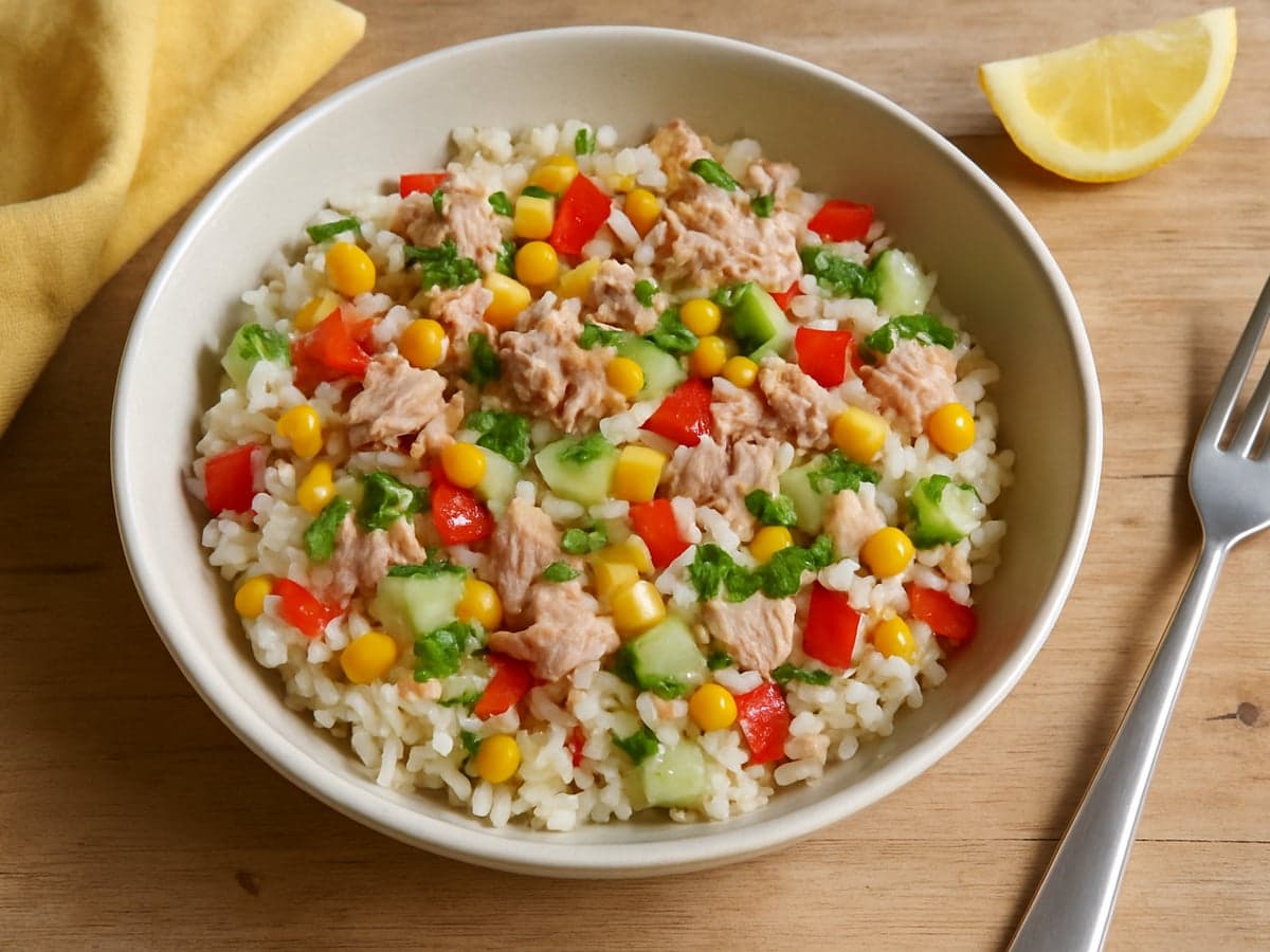 Rijstsalade met tonijn en mais in een schaal