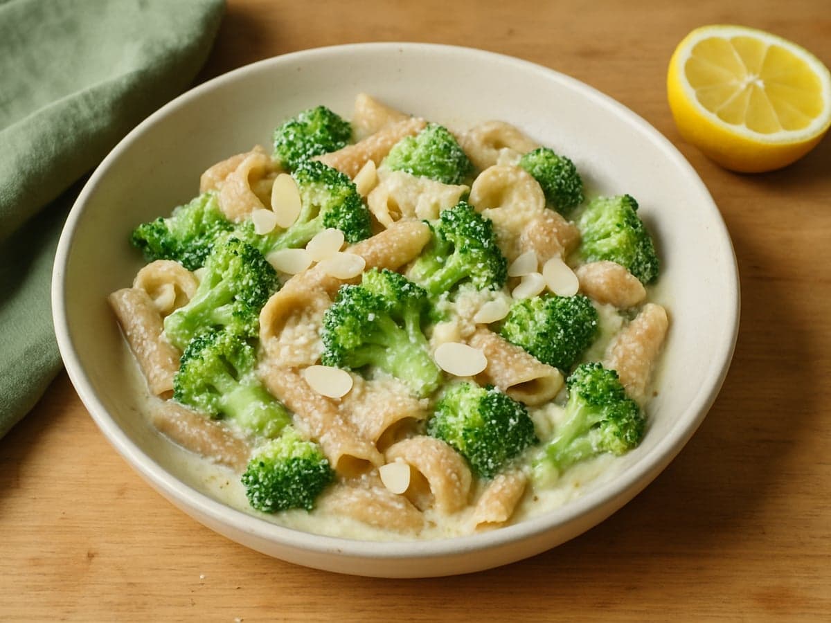 Romige pasta met broccoli, amandelen en citroen in een schaal
