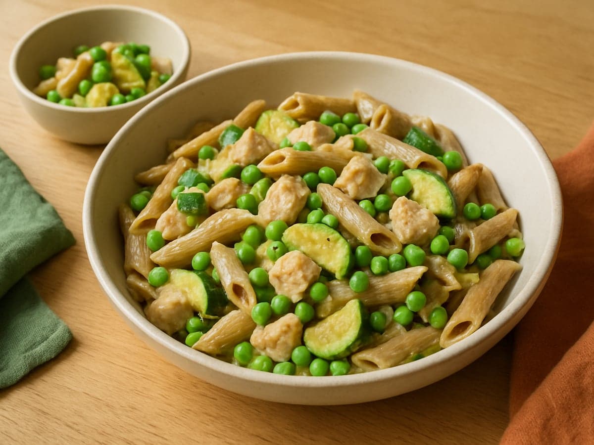Romige volkoren pasta met kip, courgette en doperwten in een lichte keramieken schaal