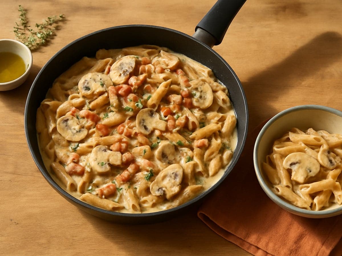 Romige pasta met paddenstoelen en spek in een pan