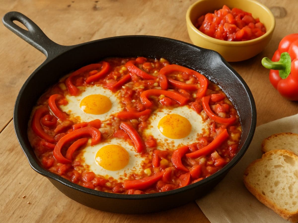 Shakshuka met ei en paprika in een pan