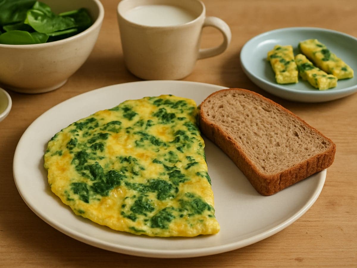 Spinazie-kaasomelet met volkorenbrood op een bord