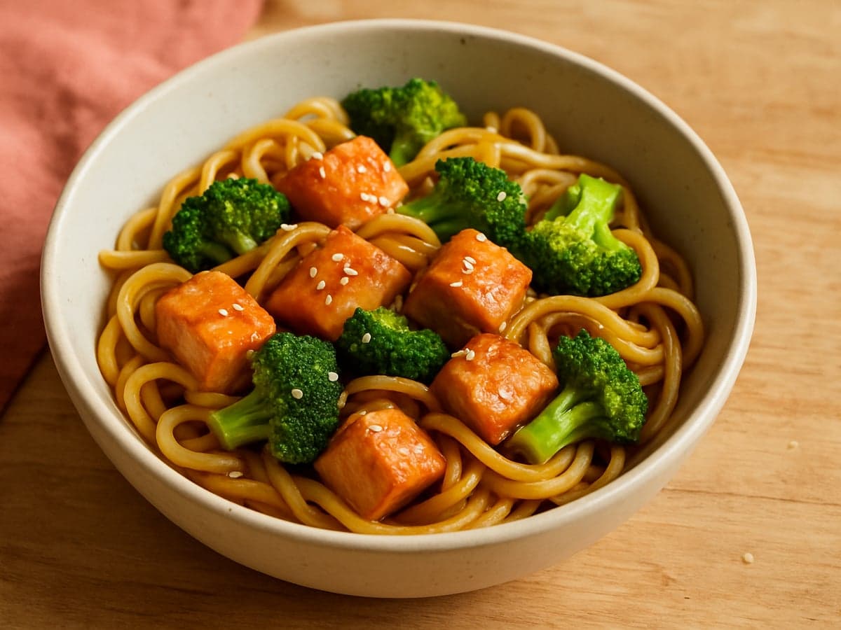 Teriyakinoedels met zalm en broccoli in een schaal