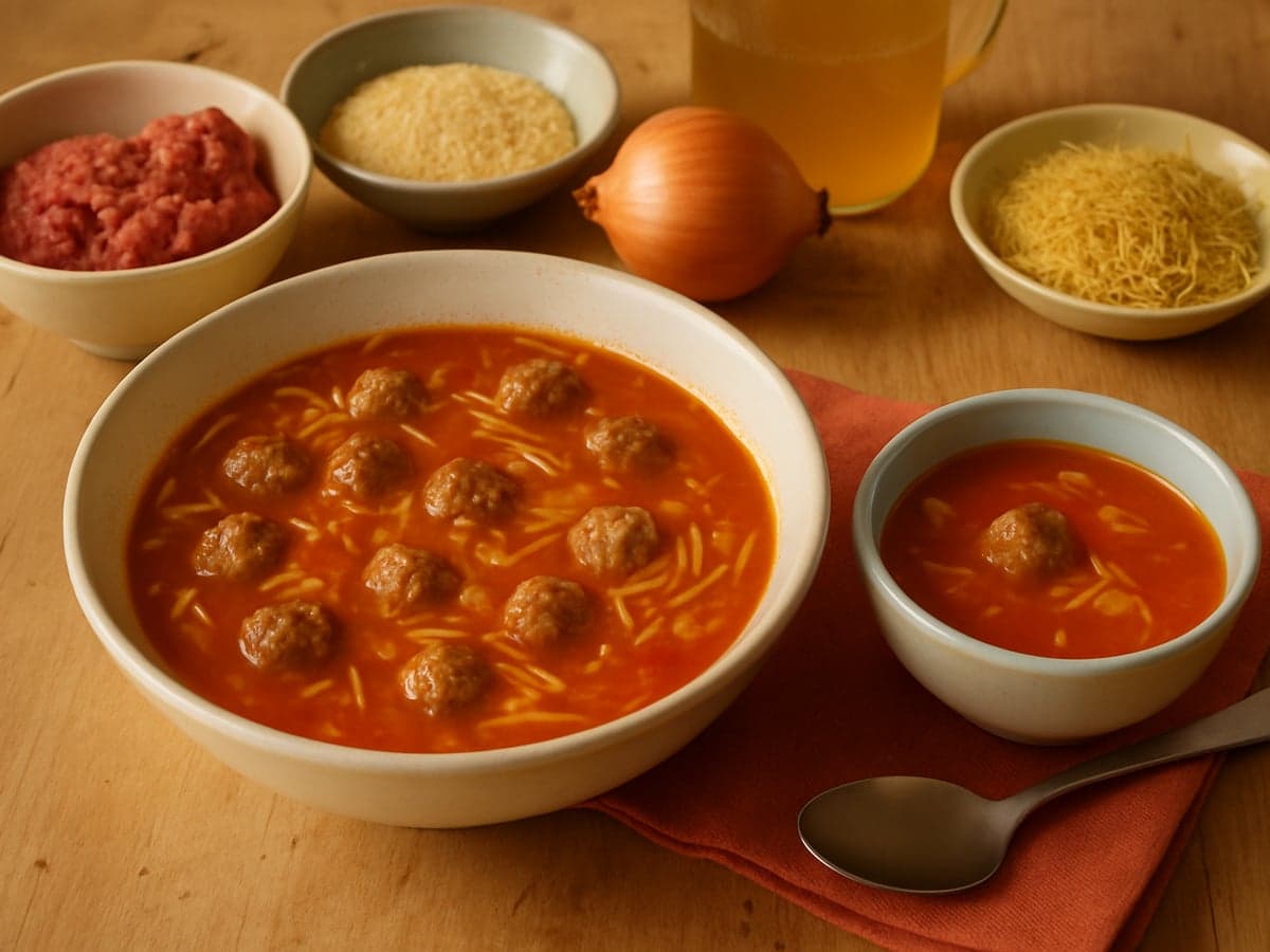 Tomatensoep met balletjes en vermicelli in een kom