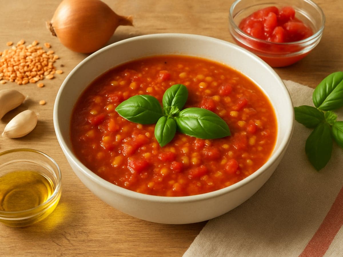 Tomatensoep met linzen en basilicum in een kom