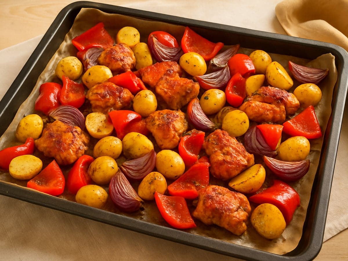 Traybake met kipdijfilet, paprika en rode ui op een bakplaat