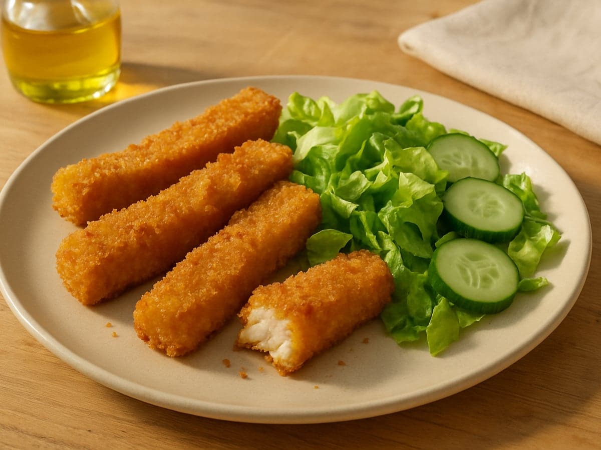 Zelfgemaakte vissticks met groene salade op een bord