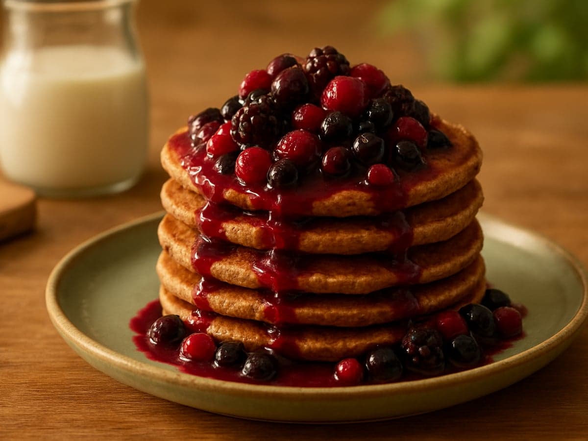 Stapel volkoren pannenkoekjes met warme bosvruchten