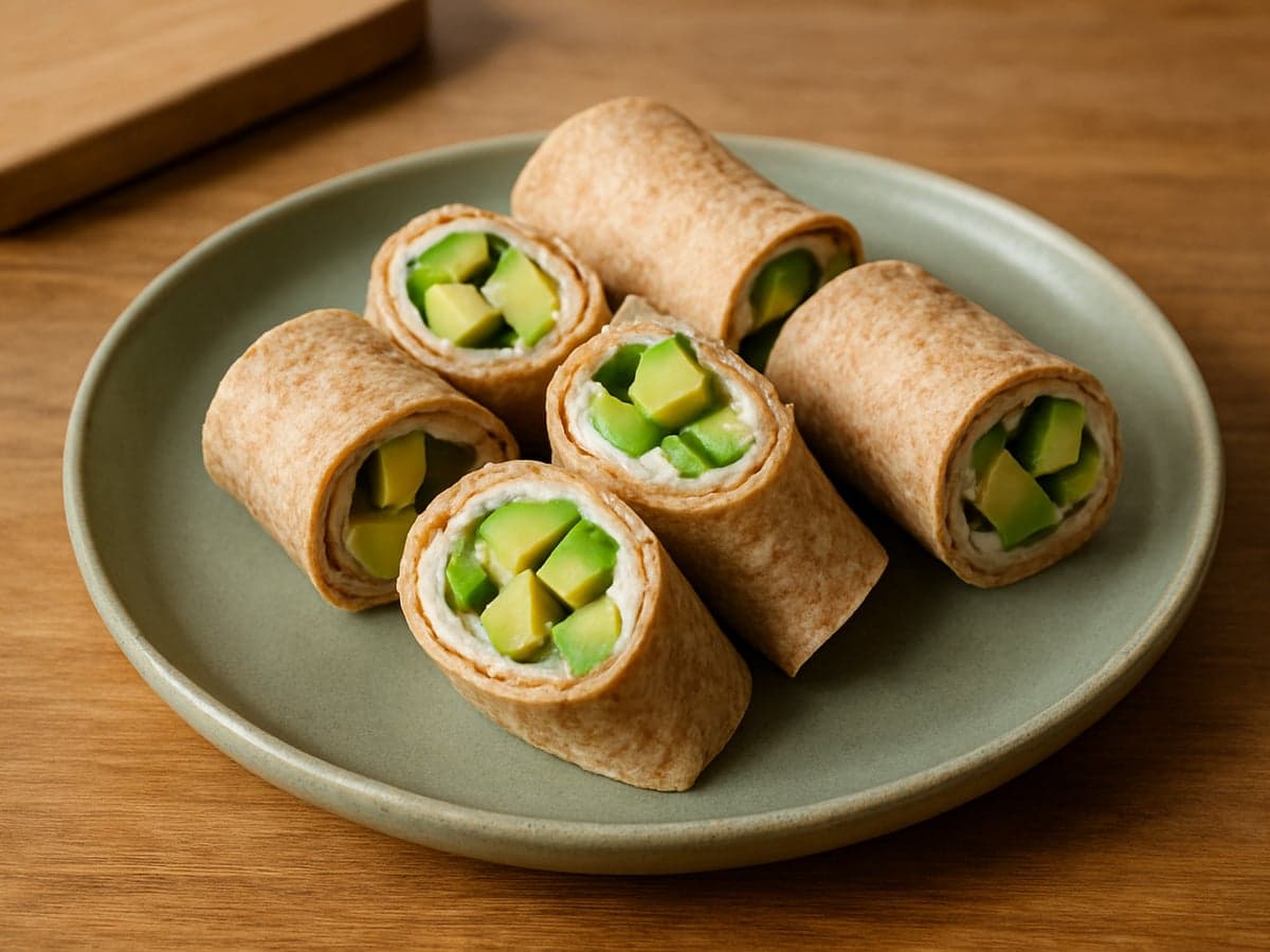 Reepjes van een gevulde volkoren wrap op een babybordje
