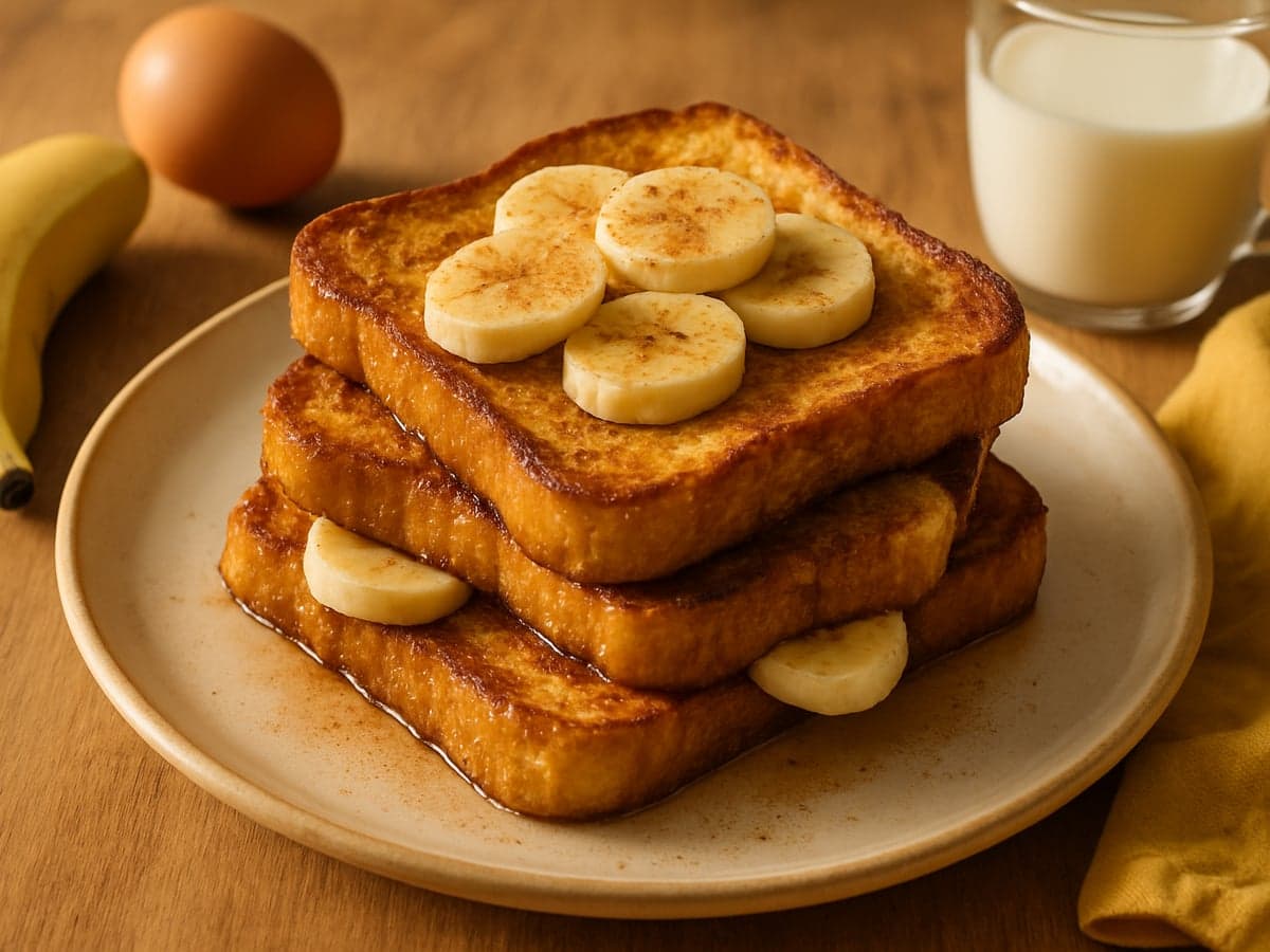 Wentelteefjes met plakjes banaan en kaneel op een bord