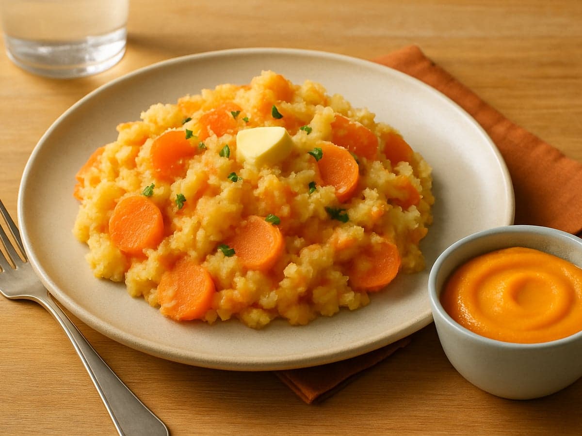 Wortel-aardappelstamppot in een pan met een klein bakje aparte puree ernaast