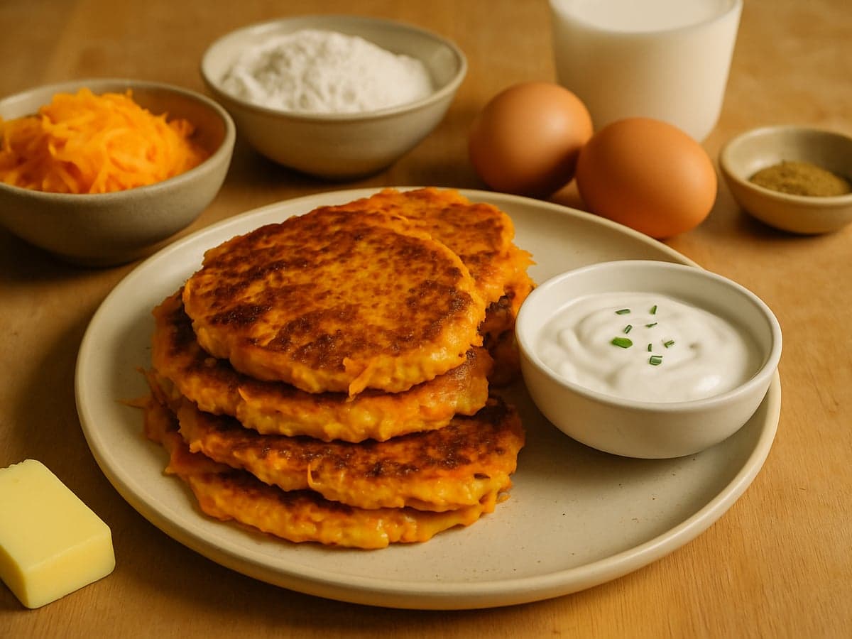 Wortelpannenkoekjes met komijn en yoghurtdip op een bord