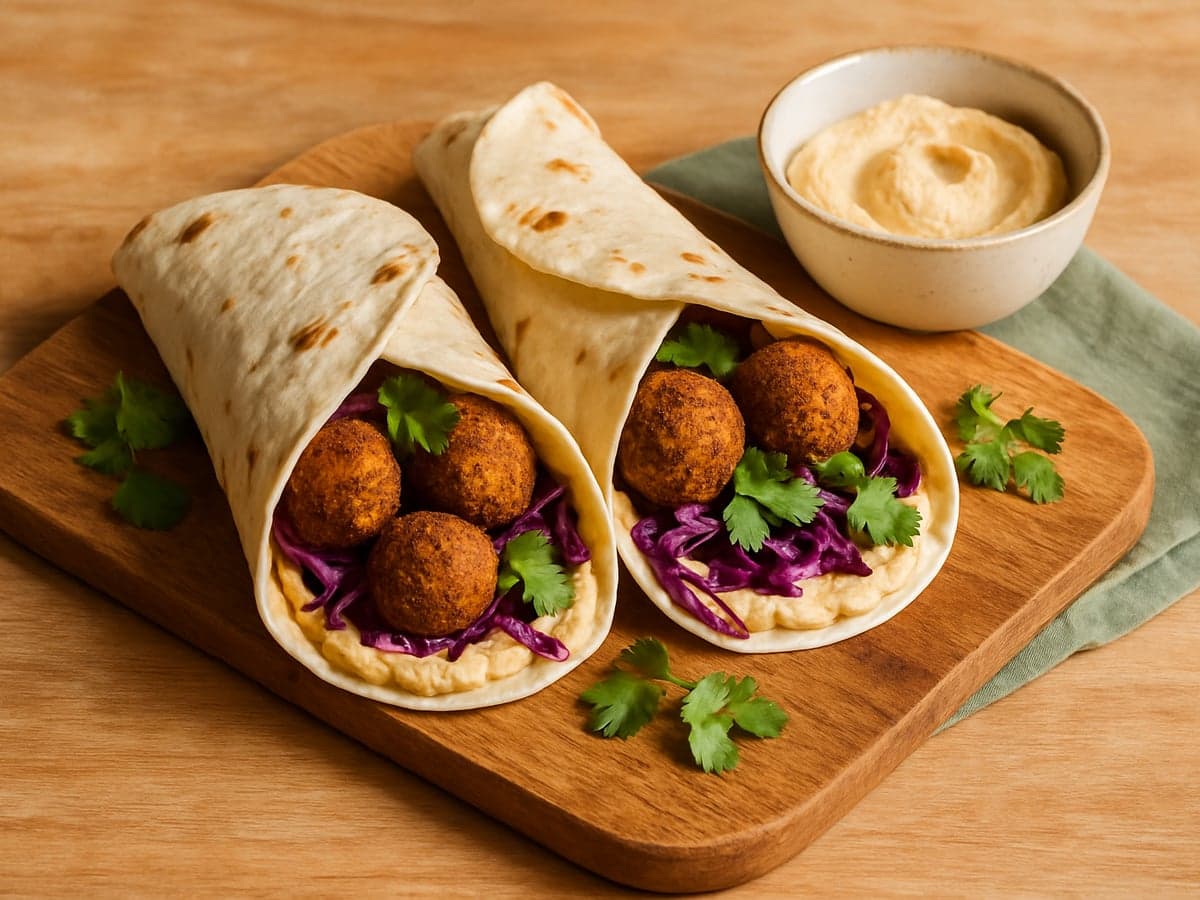 Wraps met falafel, hummus en rodekool op een bord