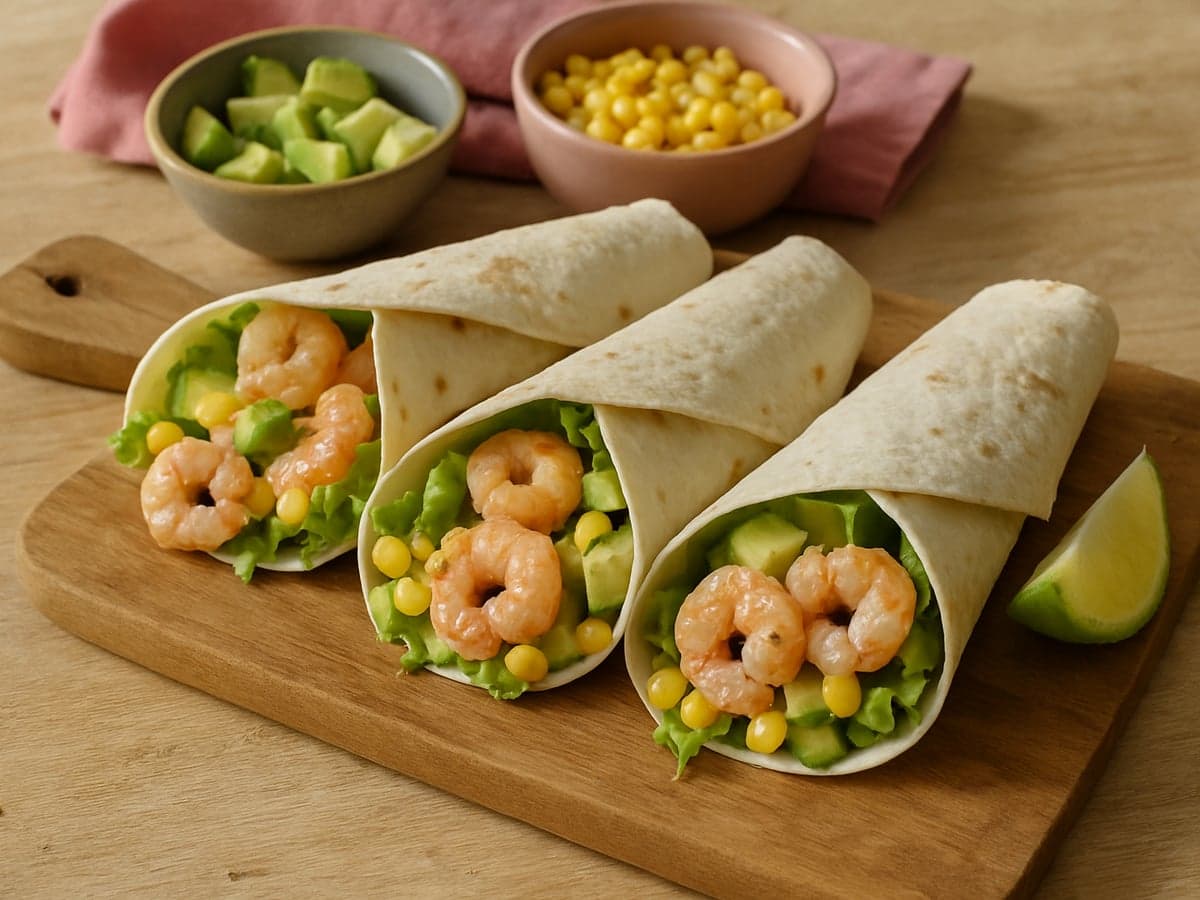 Wraps met garnalen, avocado en mais op een bord