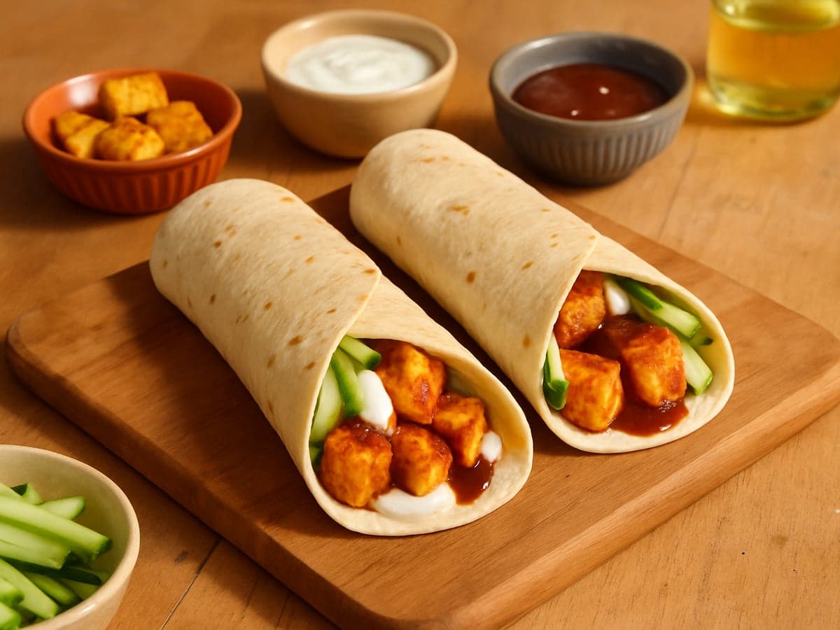 Wraps met paneer-tikka en tamarinde-chutney op een bord