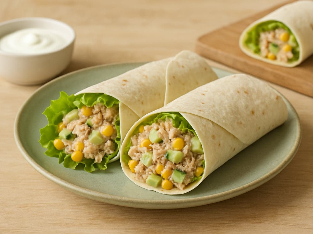 Wraps met tonijnsalade, mais en komkommer op een bord