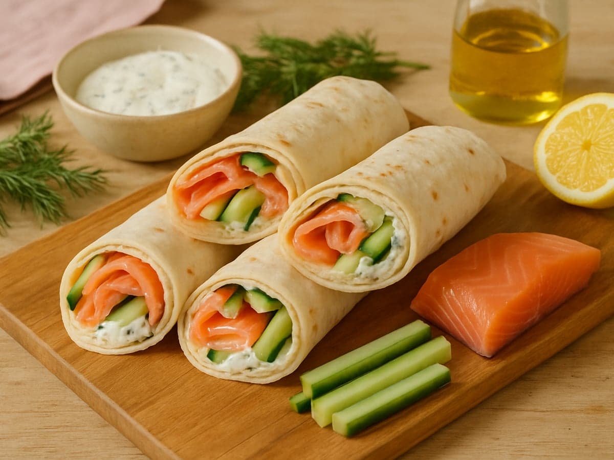 Wraps met zalm, komkommer en dille-yoghurt op een bord