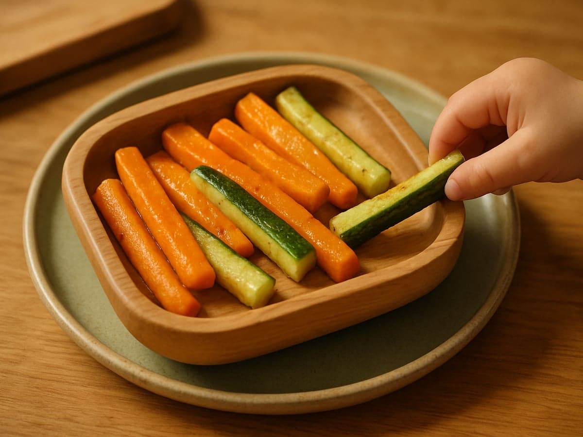 Zachte wortel- en courgettesticks in vingerdikte repen op een babybord
