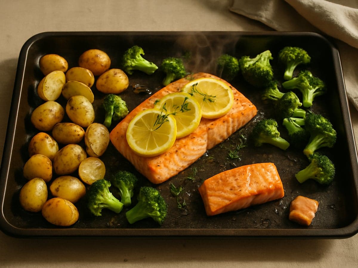 Zalm uit de oven met krieltjes en broccoli op een bakplaat
