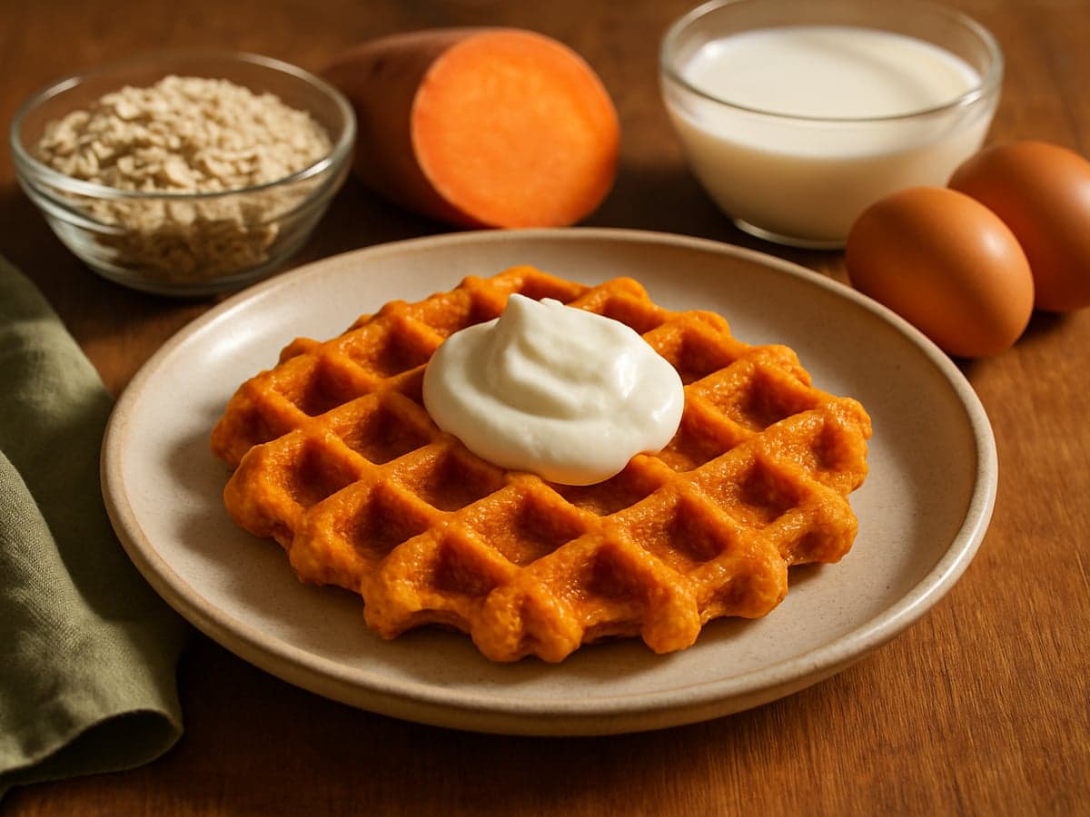 Zoete-aardappelwafel met een schepje kwark